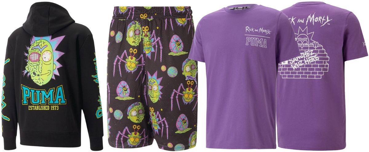 Puma has also released a collection of lifestyle items, such as hoodie, tee, and shorts, with Rick and Morty