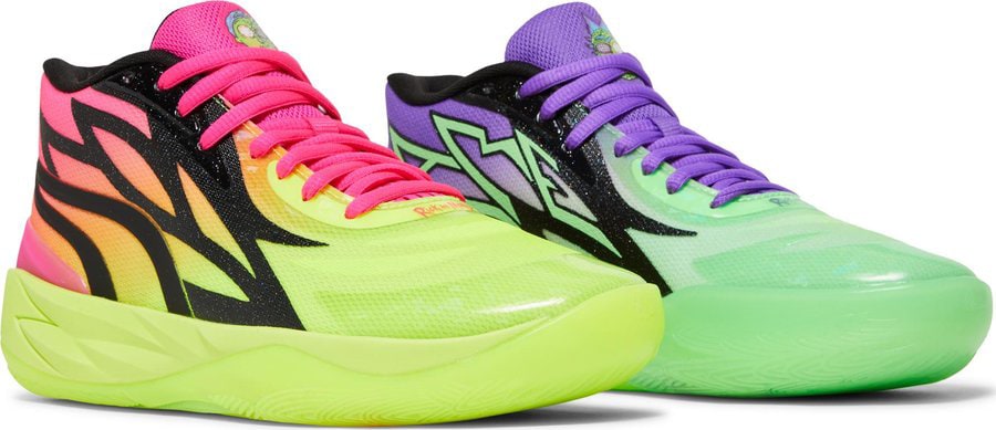 The Rick and Morty x Puma MB.02 has nitro-infused midsole and a mismatched color, with a two-tone purple and green on the left shoe and pink and yellow on the right