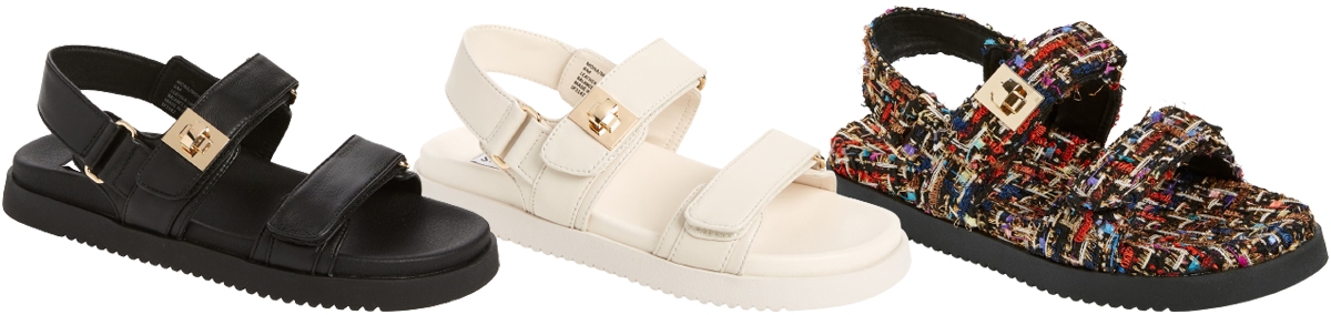 Steve Madden Mona chunky sandals with three straps, a molded footbed, and turnlock closure
