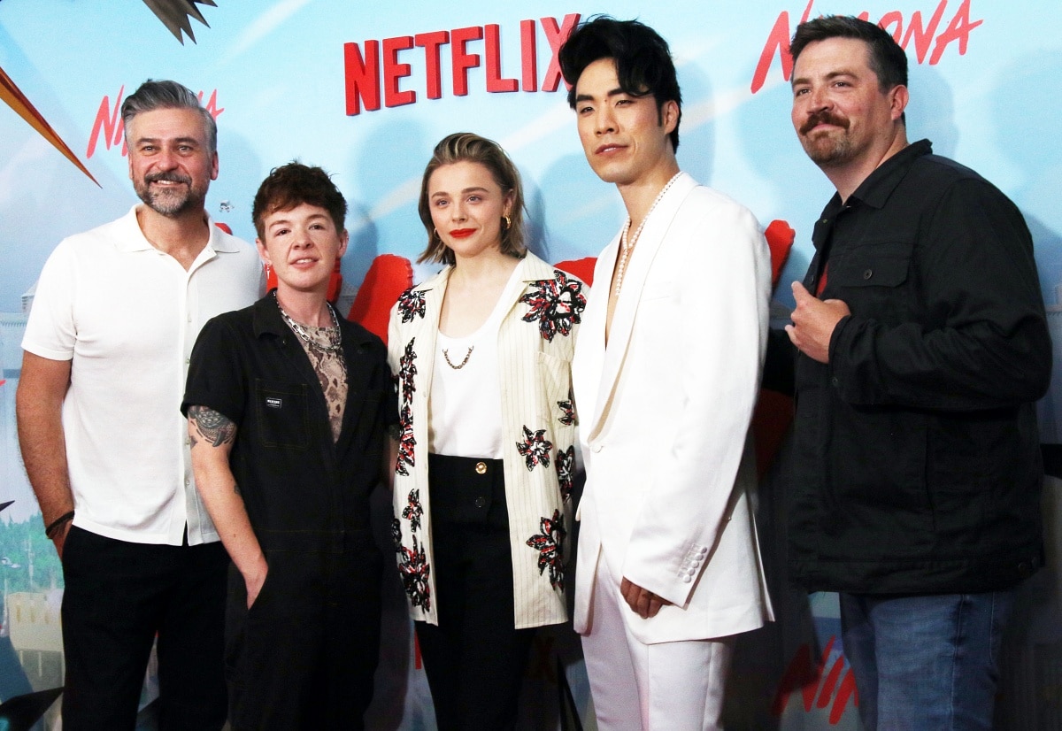 Chloë Grace Moretz with director Troy Quane, author ND Stevenson, co-star Eugene Lee Yang, and director Nick Bruno at the New York special screening of Nimona