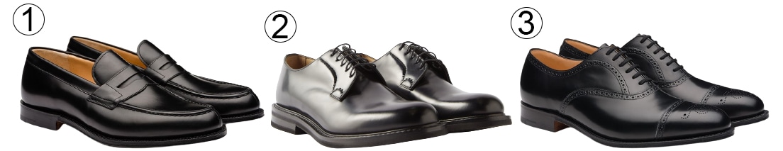 1. Church’s Darwin Leather Penny Loafer; 2. Shannon Leather Derby; 3. Toronto Oxford — three classic examples of the British shoemaker’s leather dress shoes