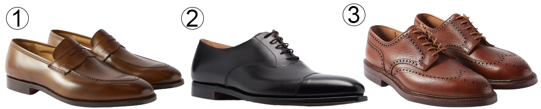 1. Crockett Jones Sydney Leather Loafer; 2. Lace-Up Leather Derby; 3. Pembroke Grained-Leather Brogue — a trio of enduring British footwear styles