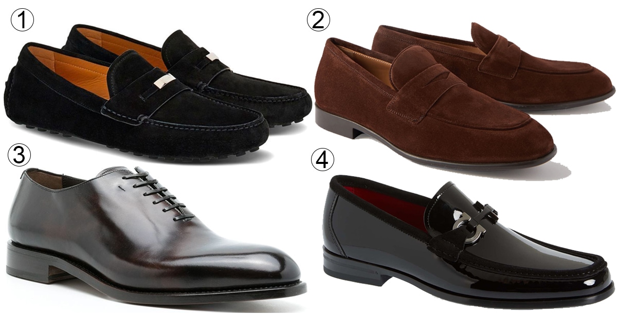 1. Ferragamo Penny Driver Loafer; 2. Funes Suede Penny Loafer; 3. Lace-Up Leather Derby; 4. Grandioso 2 Bit Loafer — four styles spanning casual driving shoes, suede loafers, formal lace-ups, and polished bit loafers