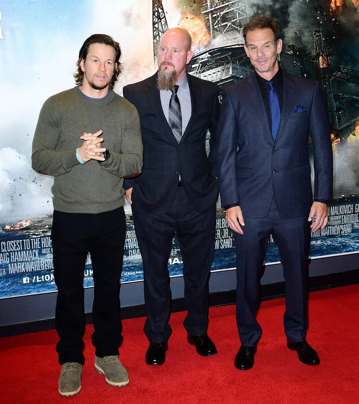 Mark Wahlberg poses with real-life Deepwater Horizon survivor Mike Williams and director Peter Berg at the European Premiere of Deepwater Horizon