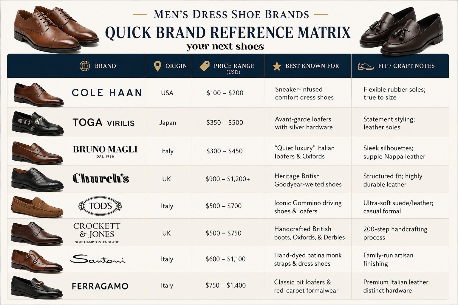 Infographic matrix by Best Quality Luxury Shoes Online Store comparing 8 top men's dress shoe brands including Cole Haan, Church's, Tod's, and Ferragamo by origin, price range, and key fit notes