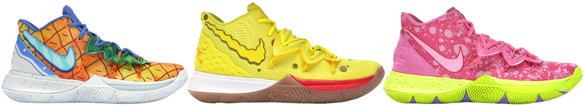 The Nike x Kyrie Irving x SpongeBob SquarePants collection reimagined the Kyrie 5 silhouette in playful, character-inspired colorways — including SpongeBob, Patrick, and Squidward — blending performance basketball design with nostalgic pop-culture flair