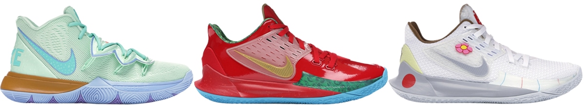 The SpongeBob SquarePants x Nike Kyrie collection extended into the Kyrie 2 Low silhouette with designs inspired by Squidward, Mr. Krabs, and Sandy Cheeks—each pair blending playful cartoon details with the bold performance engineering of Irving’s fan-favorite sneaker line