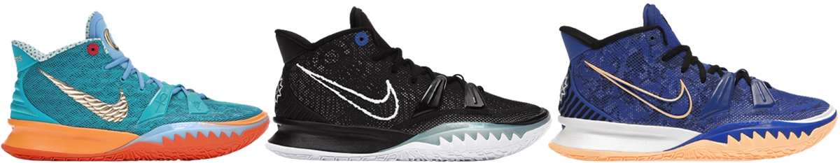 The Nike Kyrie 7 lineup — one of the most popular models in Irving’s Nike collection — seen here in vibrant blue, classic black, and bold orange colorways