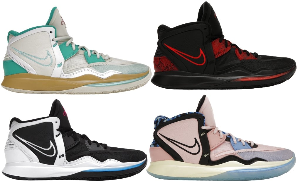 A lineup of Nike Kyrie Infinity colorways, showcasing the model’s diverse palette and design versatility—from mint and tan tones to bold black-and-red and pastel finishes that reflect Kyrie Irving’s creative influence on his final Nike signature shoe