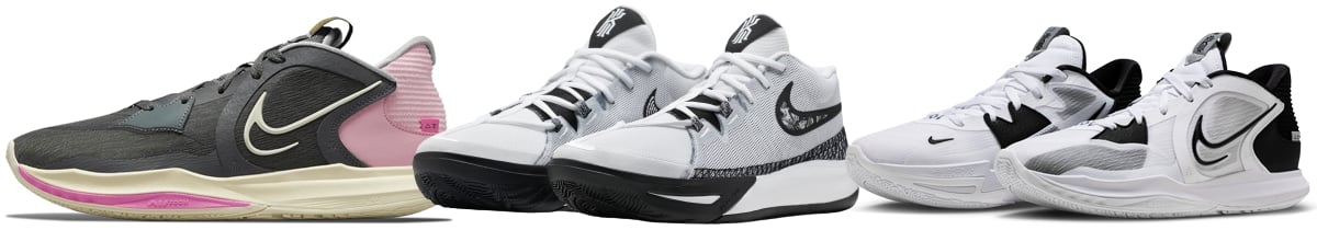 A lineup of Nike Kyrie Low sneakers, including the final “Wolf Grey” colorway released in February 2023 — marking the end of Kyrie Irving’s Nike era with a sleek mix of black, white, and pink tones that highlight the brand’s signature Zoom Air design