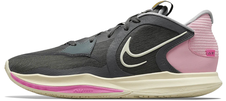 The Nike Kyrie Low 5 in the “Wolf Grey” colorway — the final Kyrie Irving sneaker released by Nike in February 2023, featuring soft pink and charcoal accents with Zoom Air cushioning for signature on-court comfort
