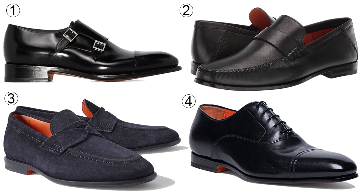1. Santoni Carter Leather Monk Shoe; 2. Paine Penny Loafer; 3. Damages Suede Loafer; 4. Dole Cap-Toe Oxford — monk straps, loafers, and Oxfords showcasing the Italian brand’s approach to classic dress shoes