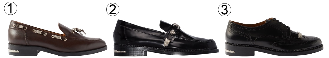 1. Toga Virilis Metal-Bead Leather Loafer; 2. Buckled Strap Loafer; 3. Polida Fringed Leather Brogues — traditional dress-shoe silhouettes reworked with the Japanese label’s distinctive metal hardware