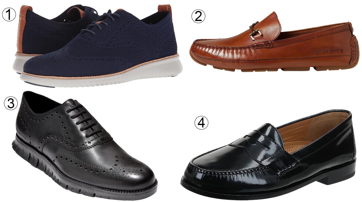 1. Cole Haan 2.ZERØGRAND Stitchlite Oxford; 2. Wyatt Bit Driver; 3. ZERØGRAND Wingtip Derby; 4. Pinch Penny Loafer — four takes on men’s footwear ranging from sneaker-inspired Oxfords to classic loafers
