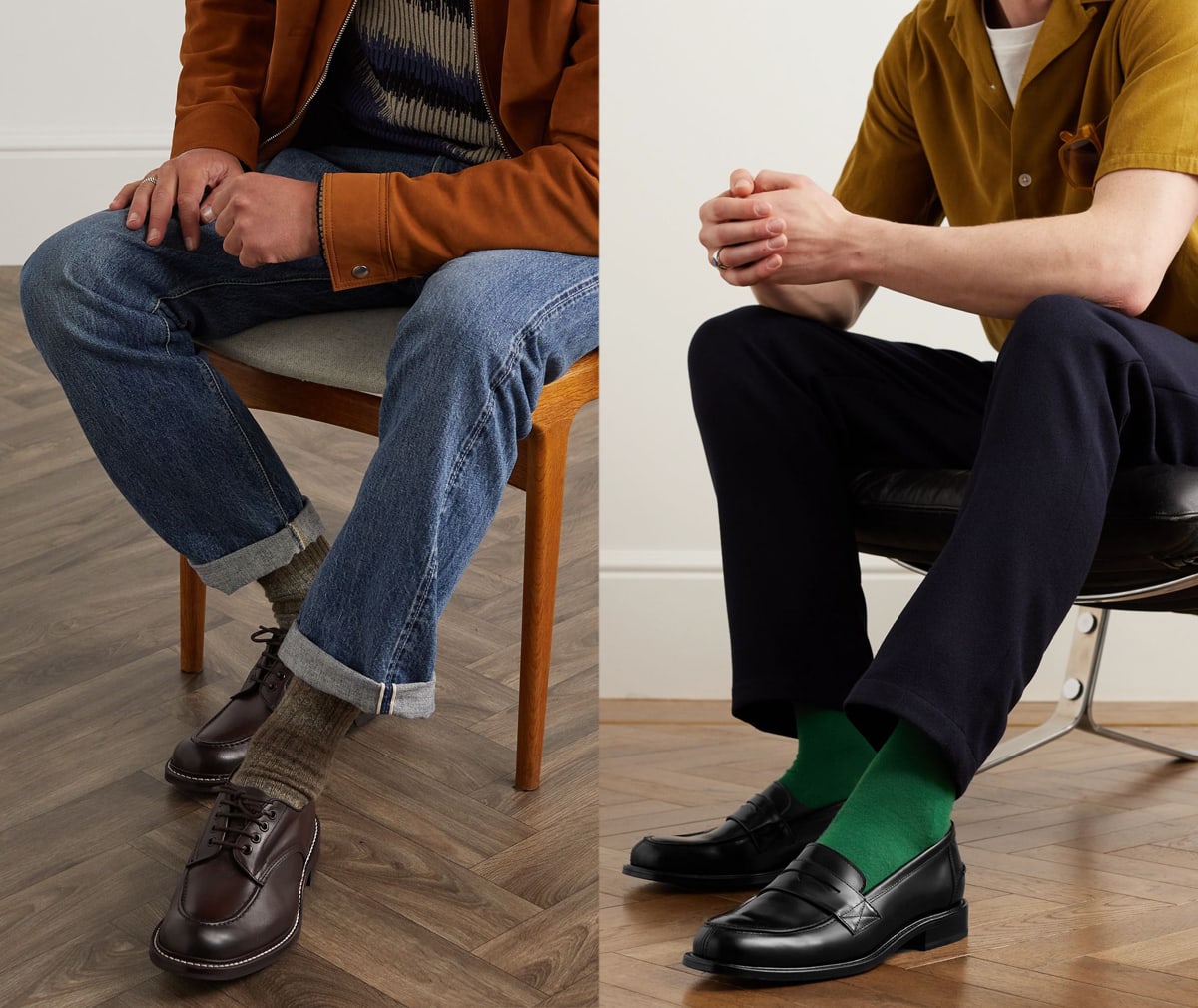 Brown leather lace-ups with cuffed denim and black penny loafers with tailored trousers show how classic men’s dress shoes can move beyond formalwear into polished everyday outfits