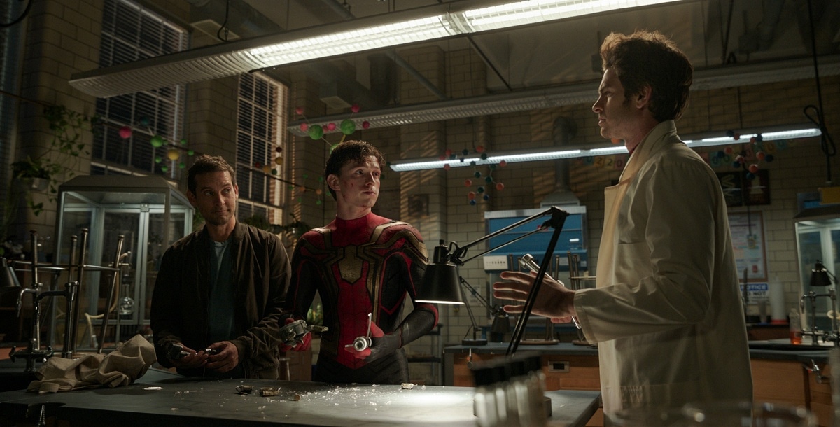 Tobey Maguire, Tom Holland, and Andrew Garfield as multiple iterations of Peter Parker/Spider-Man in the 2021 superhero film Spider-Man: No Way Home