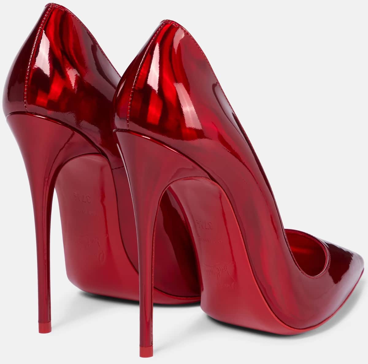 The ruby-red So Kate 120 pumps by Christian Louboutin are crafted from high-shine patent speccio leather, featuring pointed toes and towering 120mm stiletto heels—perfectly paired with a red minidress for a head-turning look