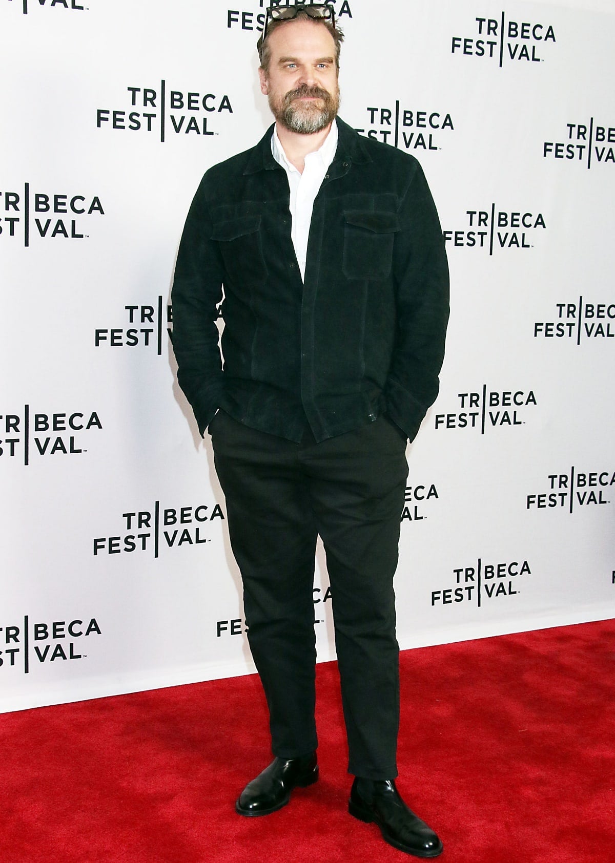 David Harbour kept it effortlessly sharp at the Tribeca Festival, pairing black leather dress boots with a dark suede jacket and tailored trousers