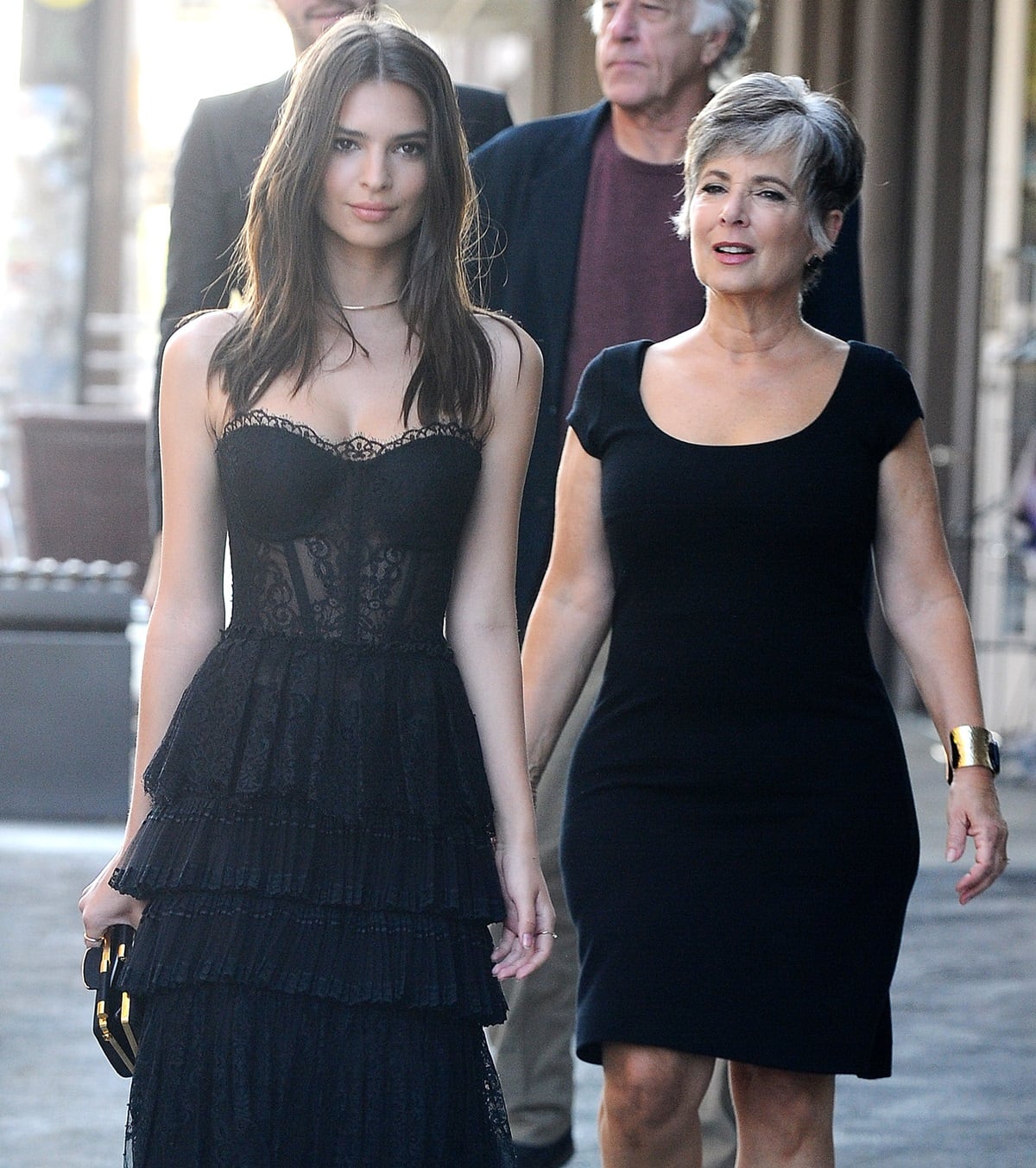 Emily Ratajkowski stuns in a sheer, tiered black lace dress while walking with her mother, Kathleen Balgley, who was raised Catholic and later embraced her Jewish heritage