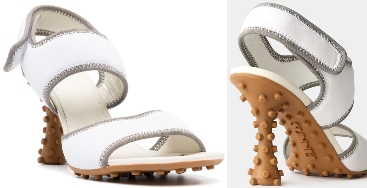 Padded white fabric heel sandals with grey contrast edges and white decorative stitchings