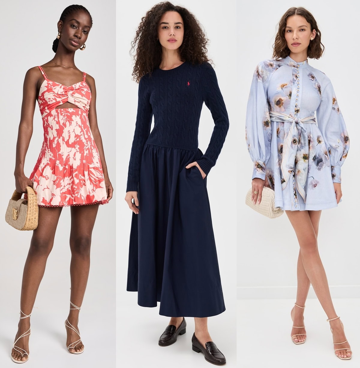 Three A-line silhouettes—from a flirty floral mini to a structured knit midi and a belted long-sleeve dress—show how the waist-defining shape flatters across lengths and styles