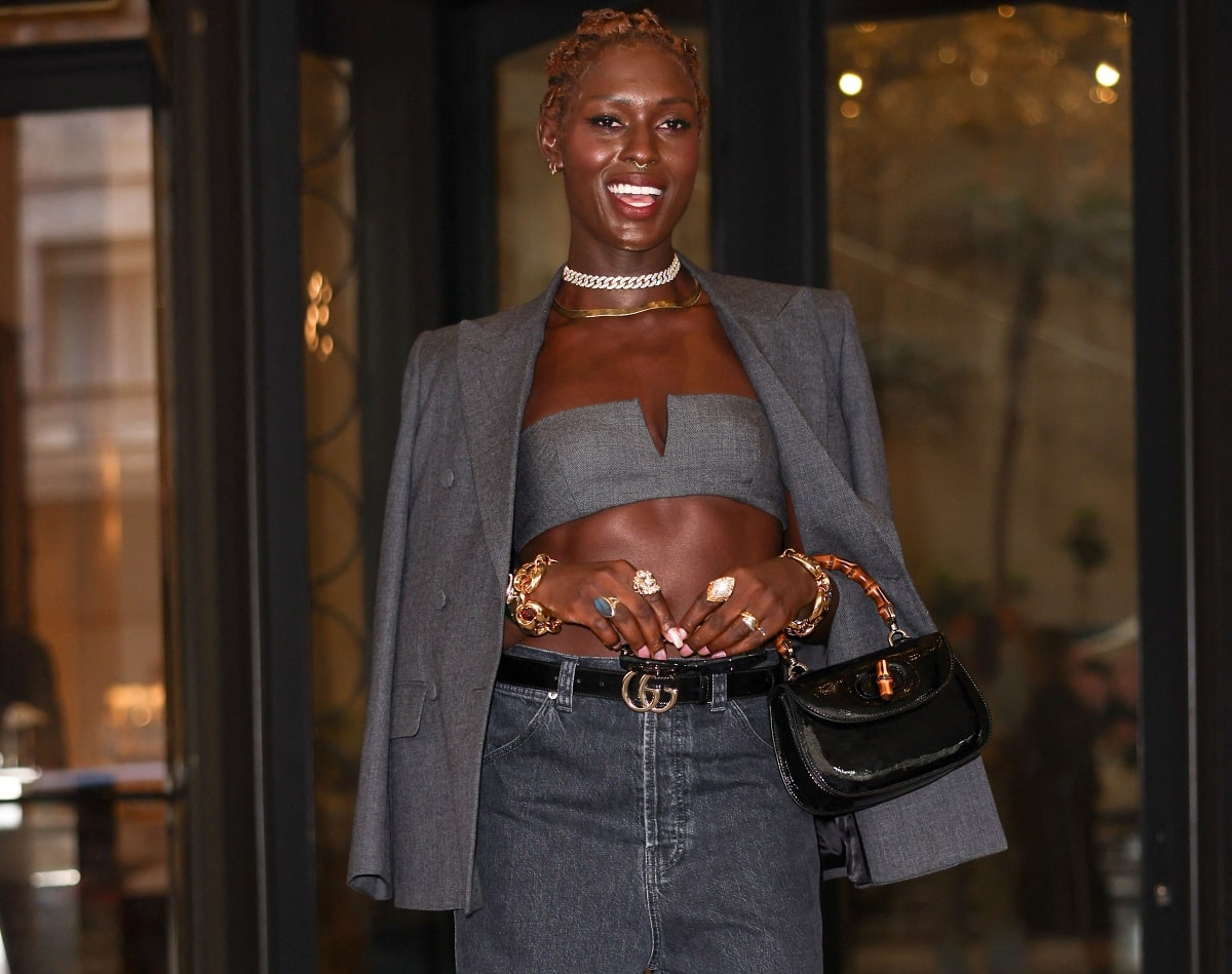 Jodie Turner-Smith showing off her striking cocktail rings and Gucci Bamboo 1947 mini top handle bag