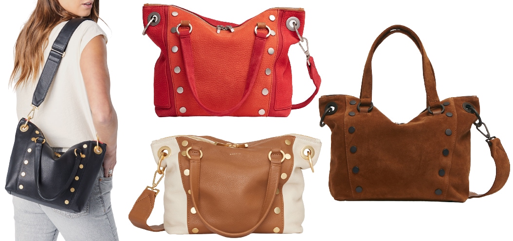 A classic satchel bag, the Daniel MED is made of soft leather with rivets, a double-zippered pocket, three interior drop pockets, and reinforced hardware
