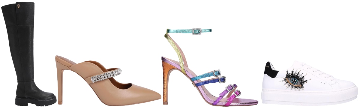 A cross-section of Kurt Geiger’s London-inspired design language—from sleek knee-high boots and crystal-trimmed pumps to vibrant strappy heels and playful embellished sneakers, reflecting the city’s mix of polish and eccentricity