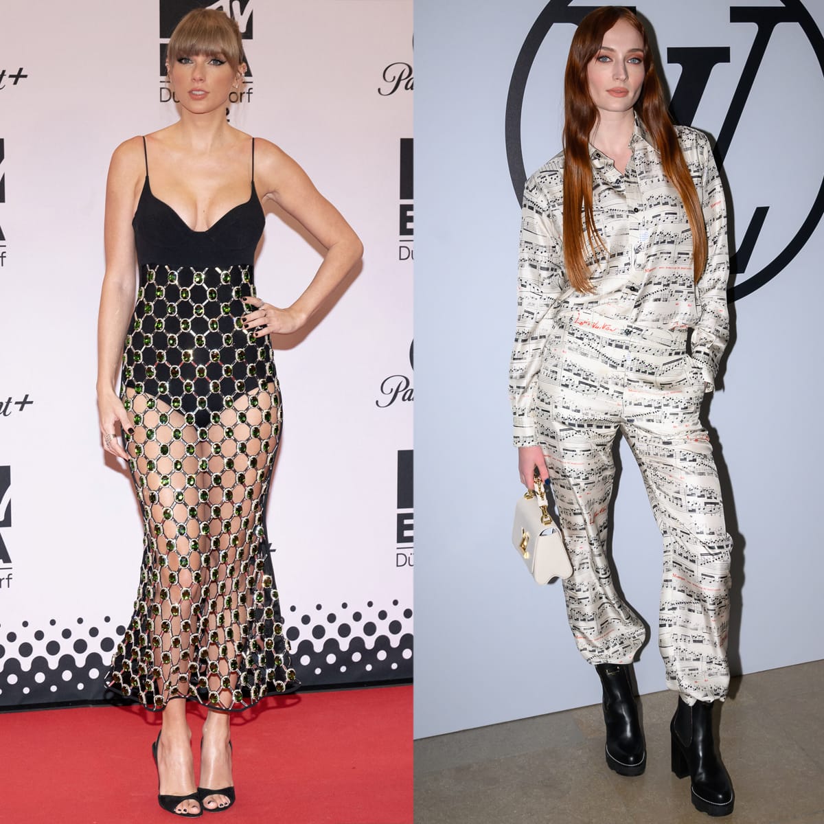 Taylor Swift stuns in a black embellished evening gown and open-toe heels while Sophie Turner contrasts in a printed co-ord set paired with chunky black ankle boots, showcasing their distinct red carpet and street-style aesthetics