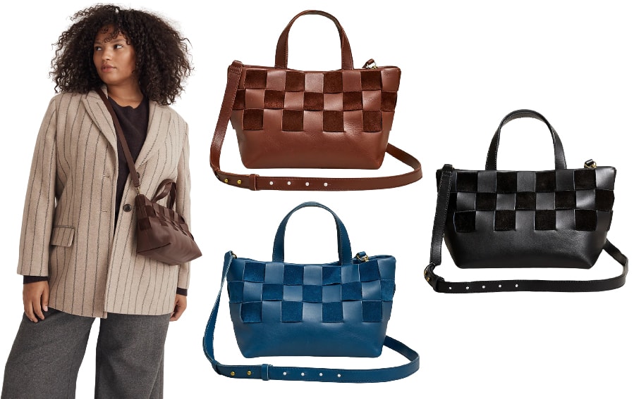 The Basketweave Mini Crossbody Tote is luxuriously woven in suede and leather materials, complete with a top handle and an adjustable crossbody strap