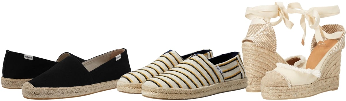 A lineup of espadrilles featuring black canvas flats, striped slip-ons, and beige lace-up wedge espadrilles with jute soles