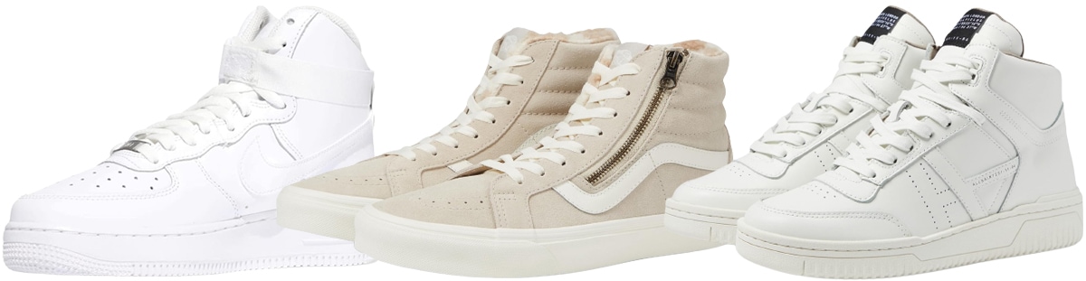 The high-top revival: sporty silhouettes meet minimalist design in all-white and neutral tones, redefining sneakers as fashion essentials beyond the gym