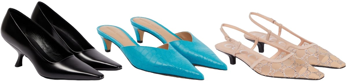 Kitten heels return with a sleek edge — from sculpted mules to crystal-embellished slingbacks, they prove elegance doesn’t have to come with extra inches