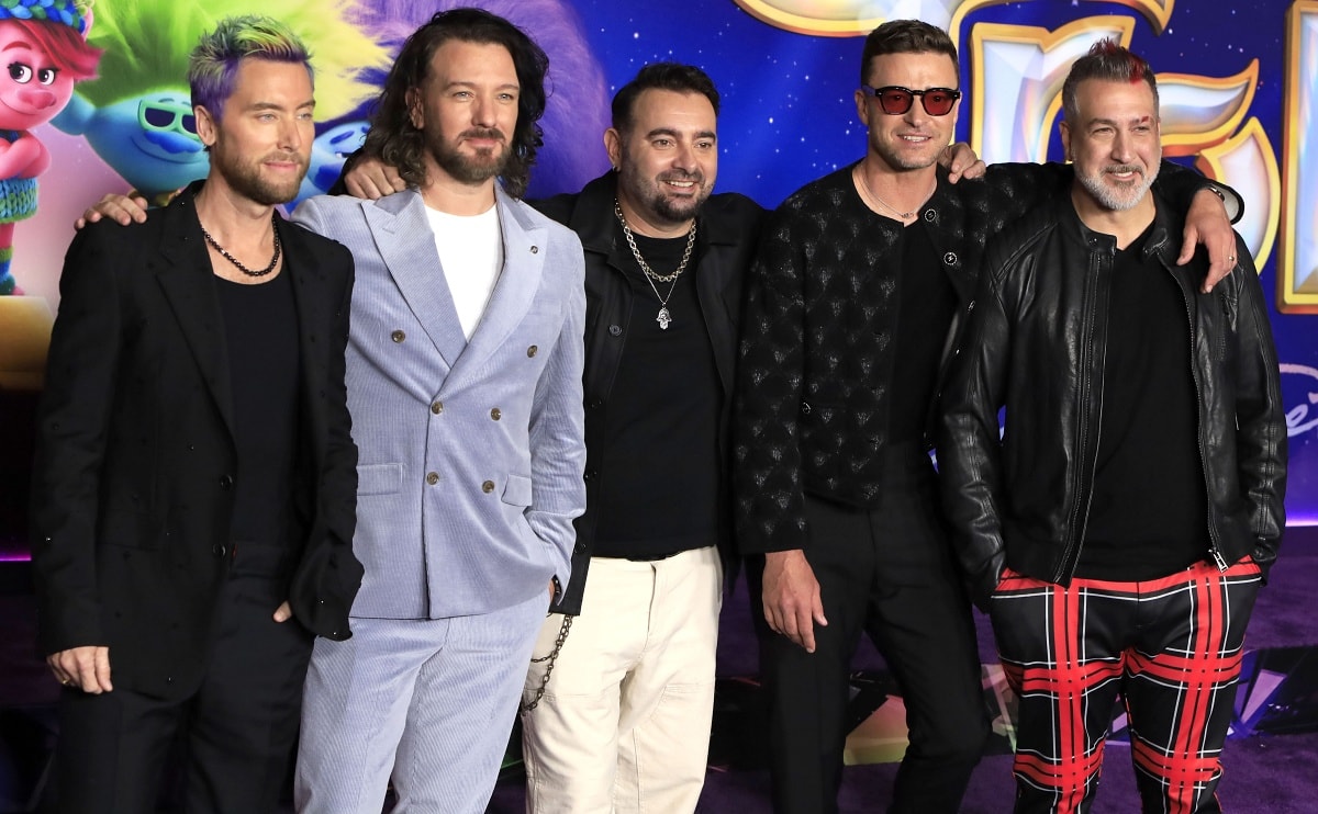 Lance Bass, JC Chasez, Chris Kirkpatrick, Justin Timberlake, and Joey Fatone of NSYNC having a mini reunion at the Trolls Band Together Los Angeles special screening