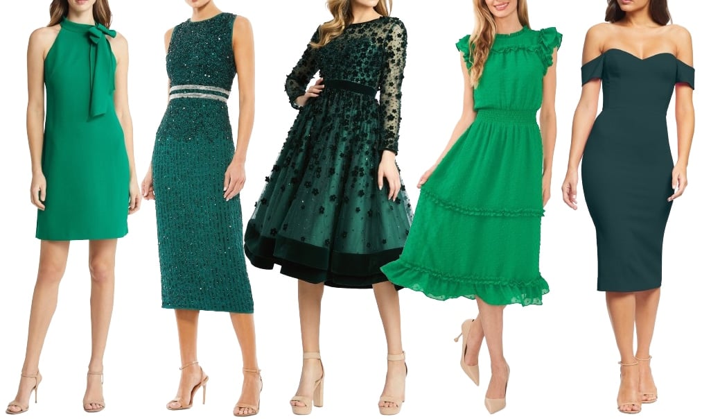 In addition to giving the appearance of longer legs, nude shoes go well with any shade of green dress