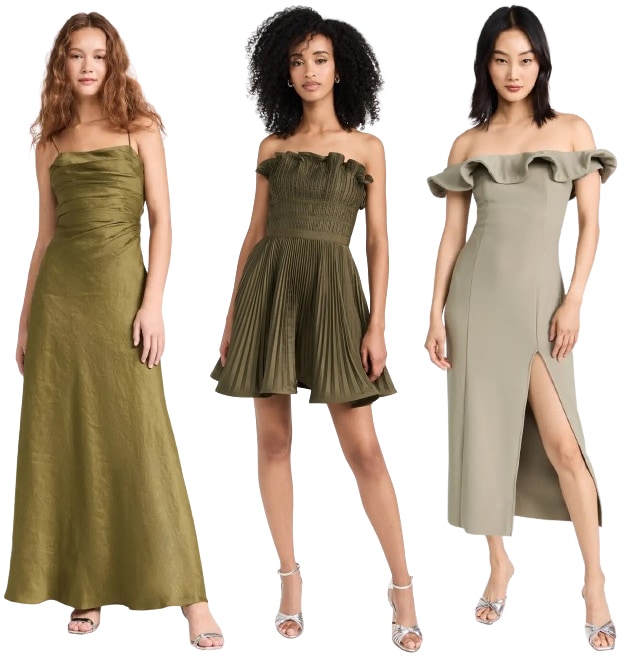 To create a sophisticated look without going overboard, consider pairing your olive green dress with silver shoes for a subtle sparkle