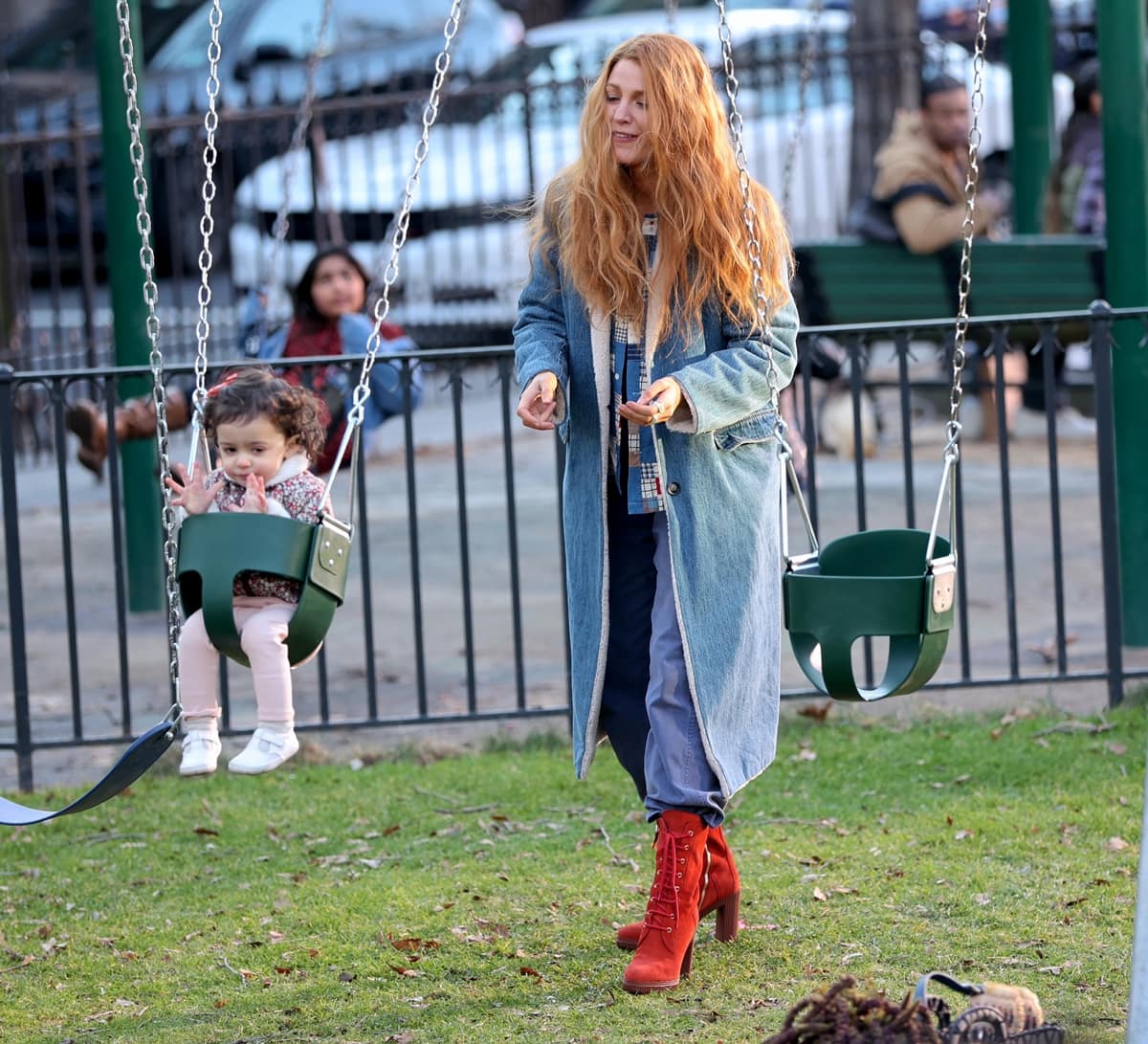 Blake Lively, filming in New Jersey, channels Lily Bloom’s laid-back charm in a denim-on-denim ensemble elevated by bold red lace-up platform boots