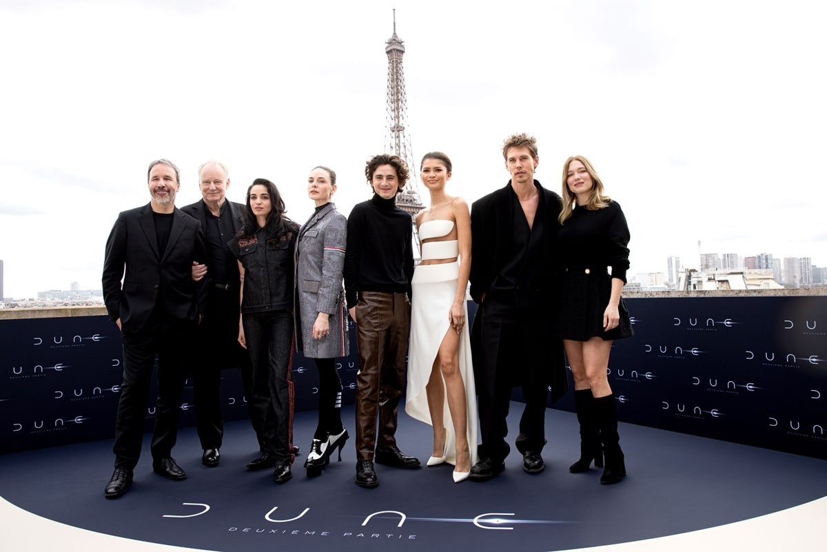 (L-R) Denis Villeneuve, Stellan Skarsgard, Souheila Yacoub, Rebecca Ferguson, Timothée Chalamet, Zendaya Coleman, Austin Butler, and Lea Seydoux attend the "Dune 2" Photocall at Shangri-La Hotel