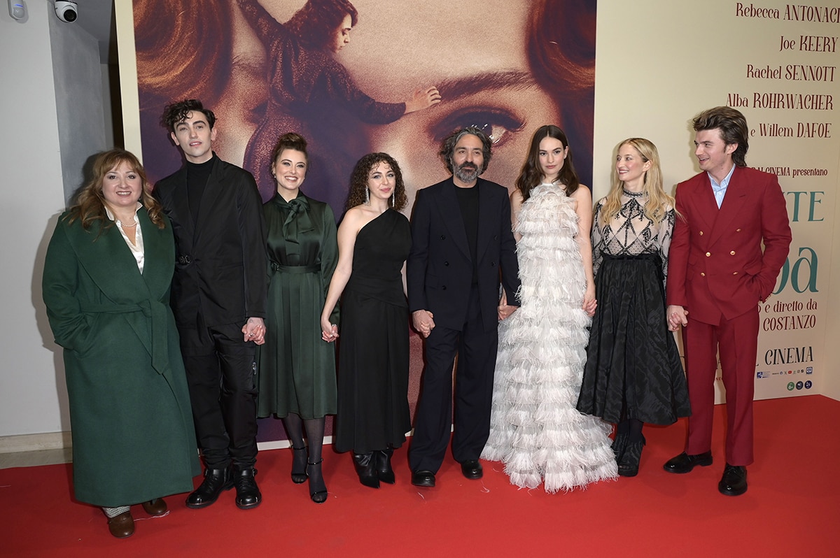 Carmen Pommella, Michele Bravi, Sofia Panizzi, Rebecca Antonaci, director Saverio Costanzo, Lily James, Alba Rohrwacher, and Joe Keery at the Rome premiere of Finally Dawn on February 5, 2024