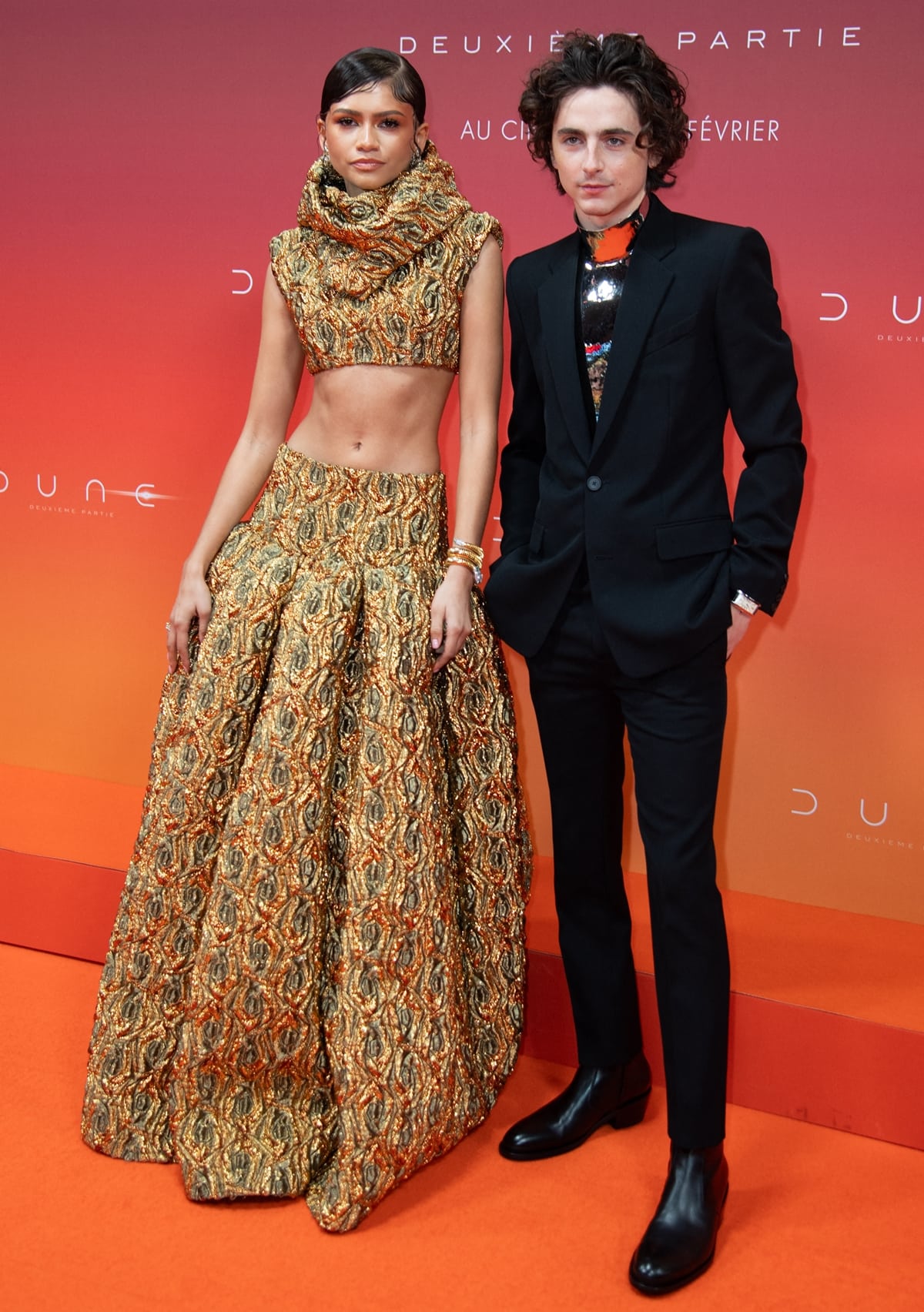 Zendaya and Timothée Chalamet attend the "Dune 2" Premiere at Le Grand Rex on February 12, 2024 in Paris, France