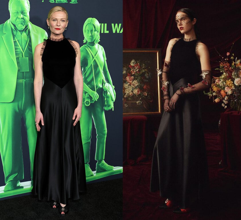Kirsten Dunst's black Rodarte dress gives off a romantic, gothic vibe with a black velvet bodice, tulle lace trims, and a satin charmeuse skirt