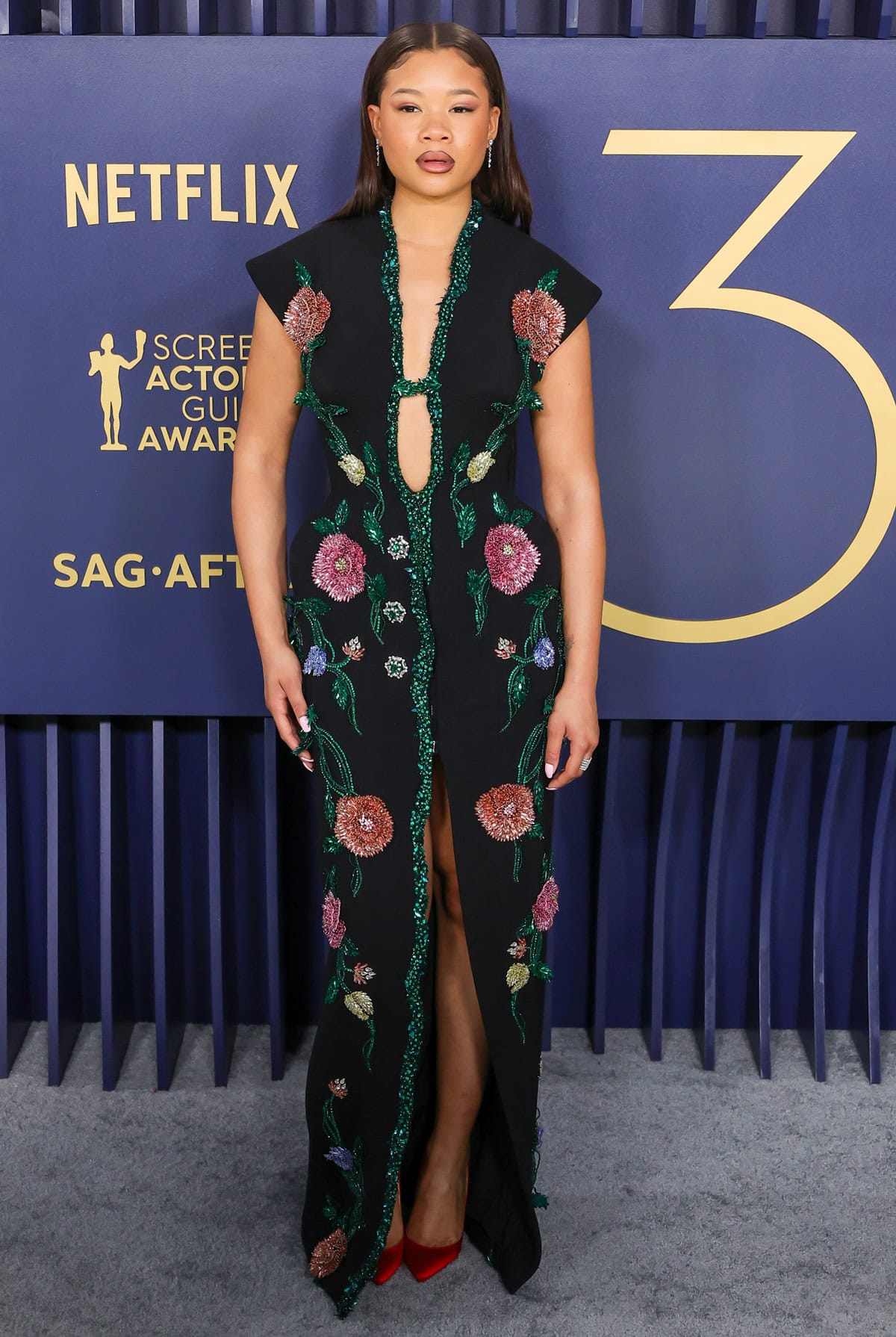 Storm Reid in a floral-embellished Balmain dress at the 2024 Screen Actors Guild Awards