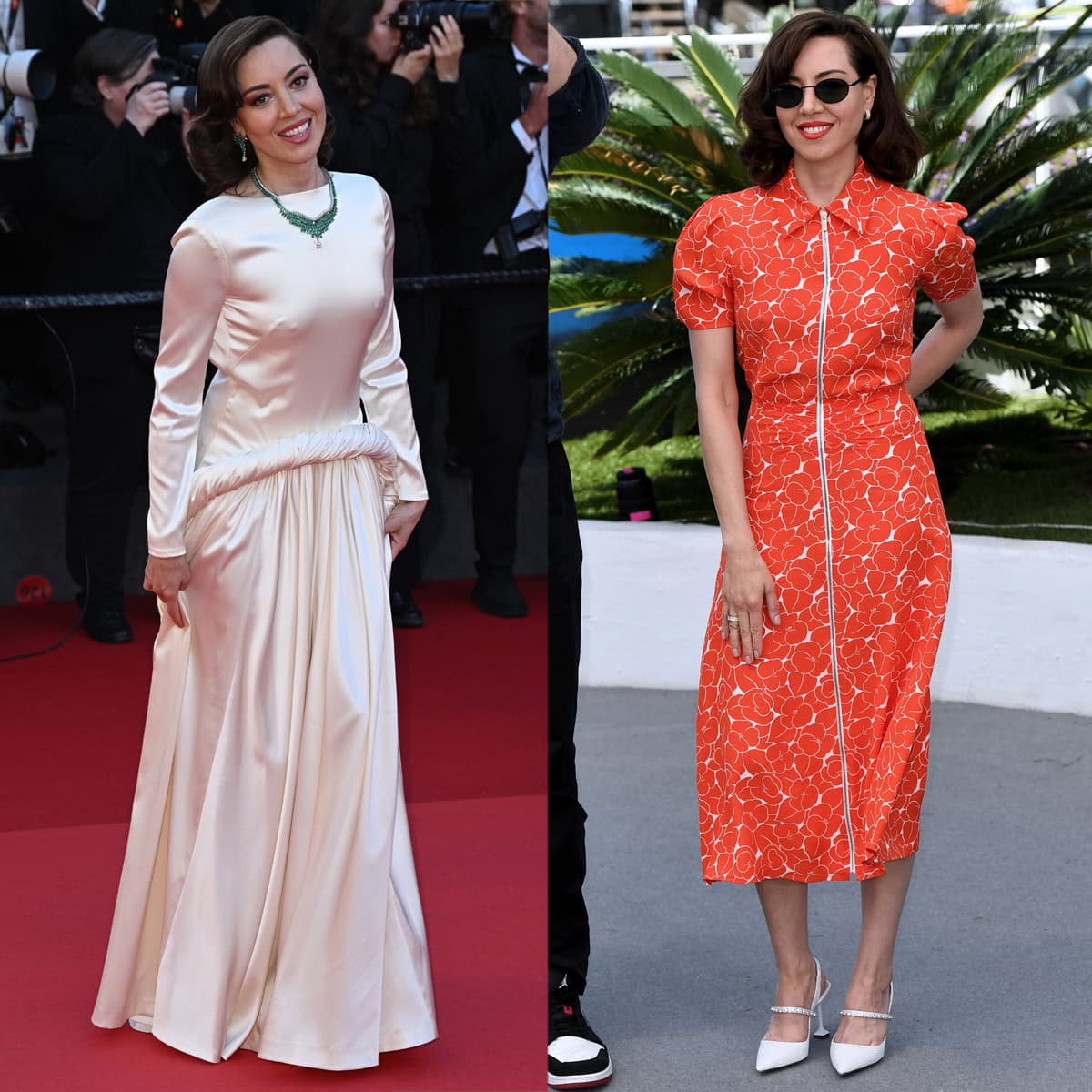 Aubrey Plaza contrasts Old Hollywood elegance in an eggshell satin Loewe gown on the Cannes red carpet with playful retro charm in an orange Miu Miu floral shirt dress, finishing the daytime look with crystal-embellished white slingback pumps