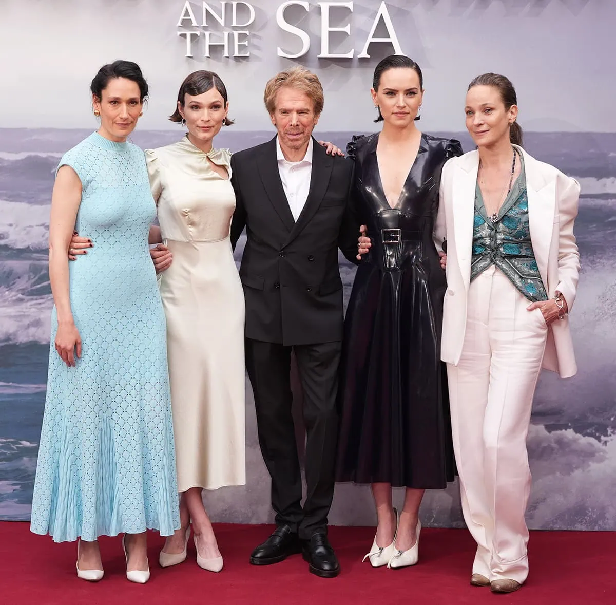 Sian Clifford, Tilda Cobham-Hervey, producer Jerry Bruckheimer, Daisy Ridley, and Jeanette Hain at the London premiere of Young Woman and the Sea
