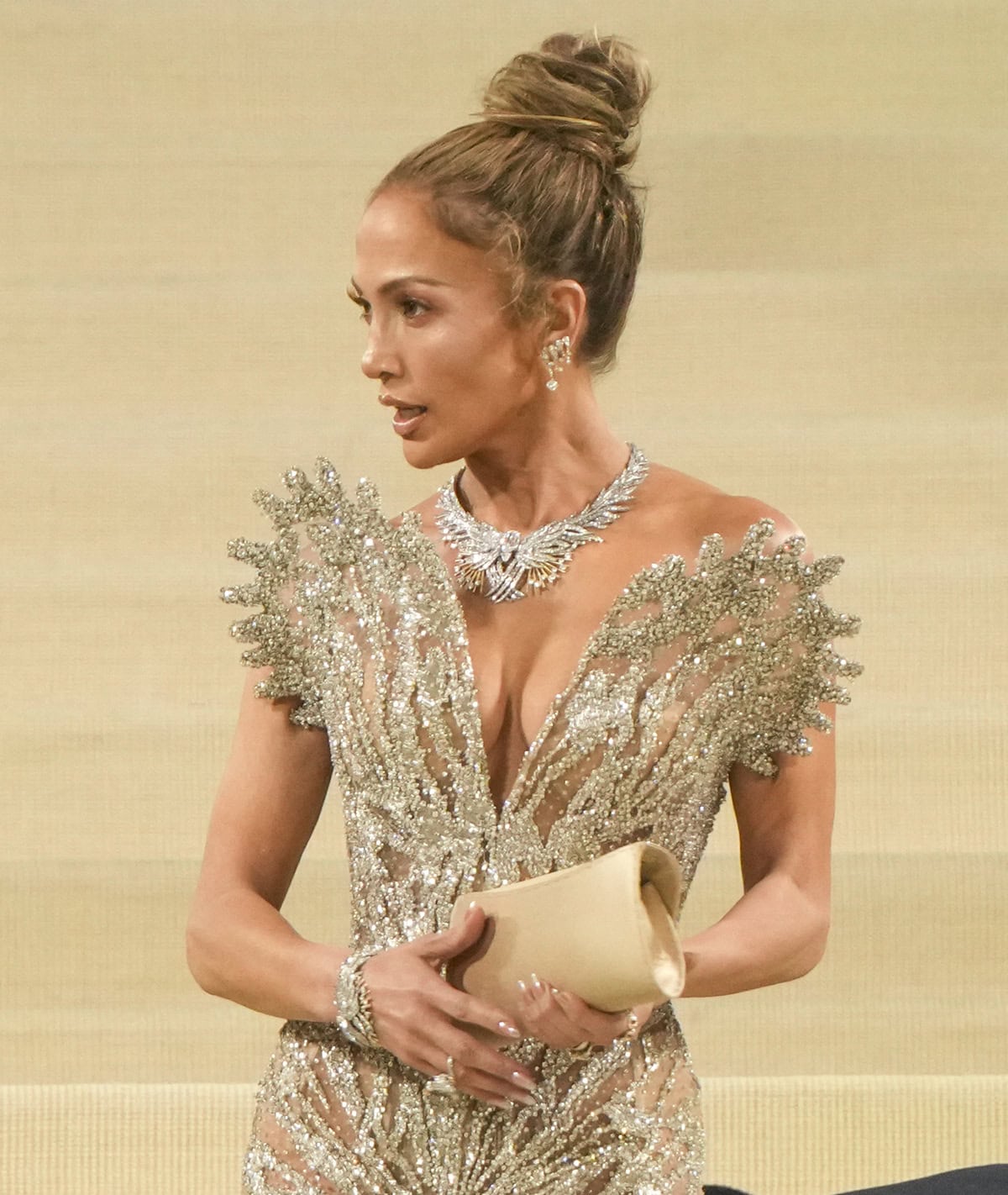 Jennifer Lopez gives her glittering gown some extra sparkles with exquisite jewelry from Tiffany Co.'s newly launched Blue Book Tiffany Celeste collection