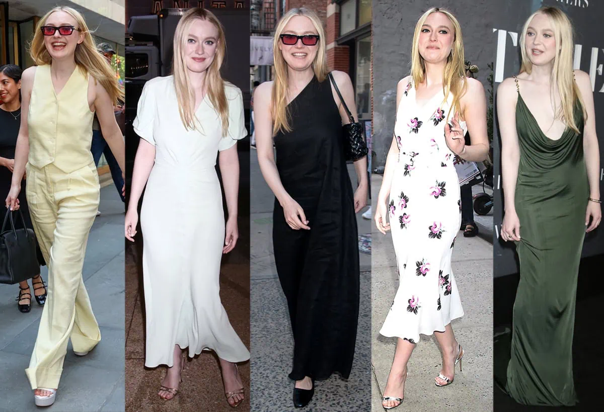 From tailored yellow co-ords to floral, black, and cowl-neck midi dresses, Dakota Fanning serves a series of chic summer looks—completed with sleek sandals and minimalist flats—while promoting The Watchers in New York City