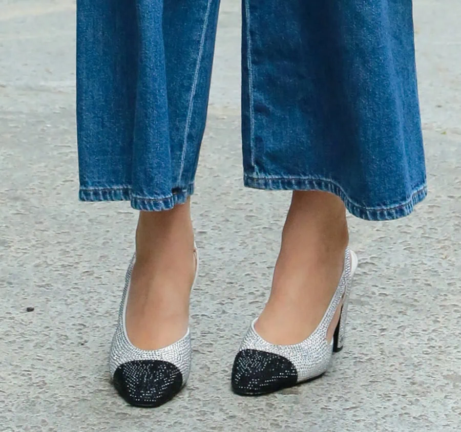 Ella Rubin adds sparkles to her classic denim look with crystal-encrusted Chanel slingback pumps