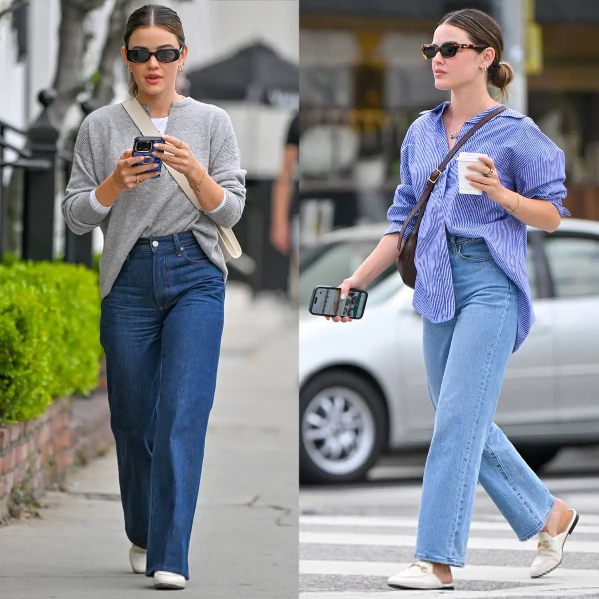 Lucy Hale shows how to wear white mules with casual denim jeans for the warm weather