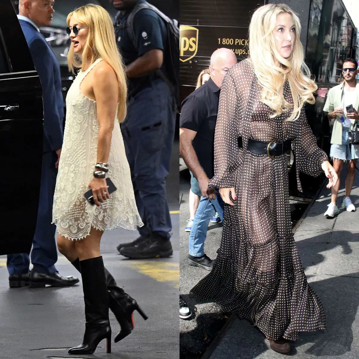 Kate Hudson grounds her bohemian dresses with statement boots—sleek black knee-high heels on the left and relaxed brown suede ankle boots on the right—showing how footwear shifts the mood from polished to free-spirited