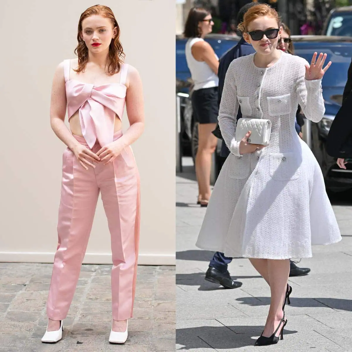 Sadie Sink showcases two distinct fashion moods at Paris Fashion Week—pairing her coquette pink bow-top ensemble with crisp white square-toe pumps, and elevating her elegant Chanel A-line dress with the house’s classic black cap-toe slingback heels